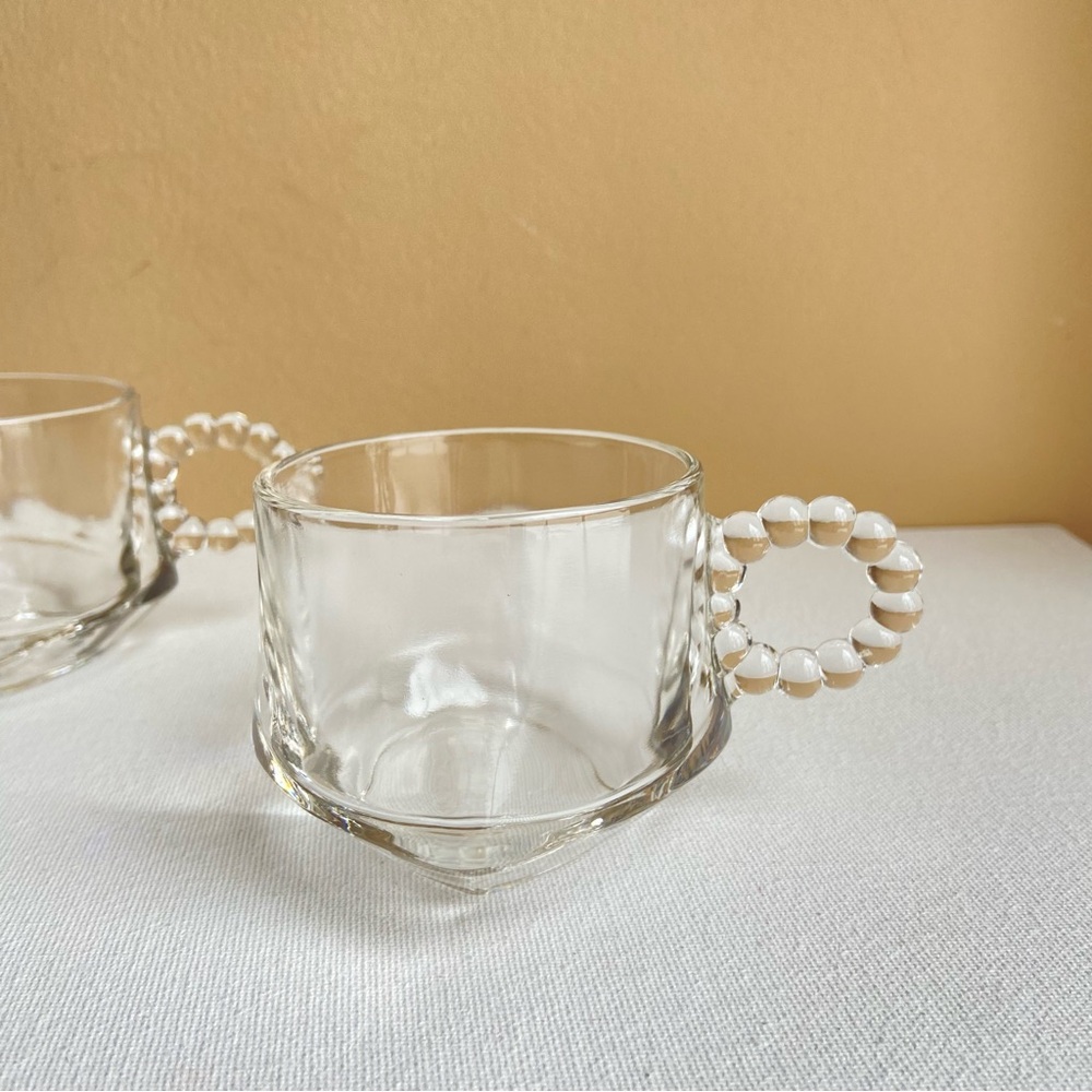 Glass juice glasses with bubble handles and square base vintage set of two clear